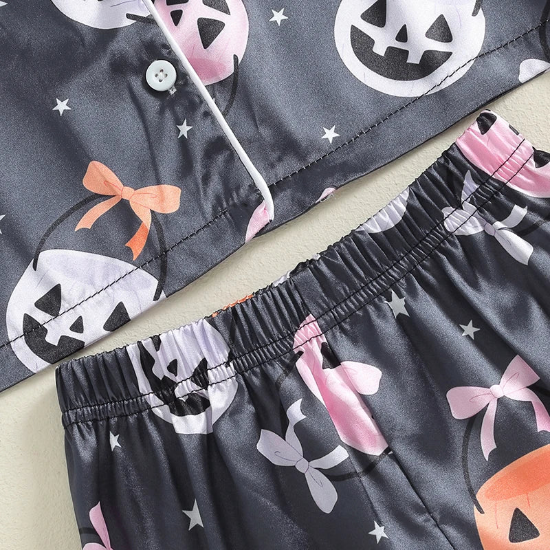Women s Halloween Pajama Sets with Long Sleeve Lapel Pumpkin Bow Print Shirt and Pants for Cozy Sleepwear
