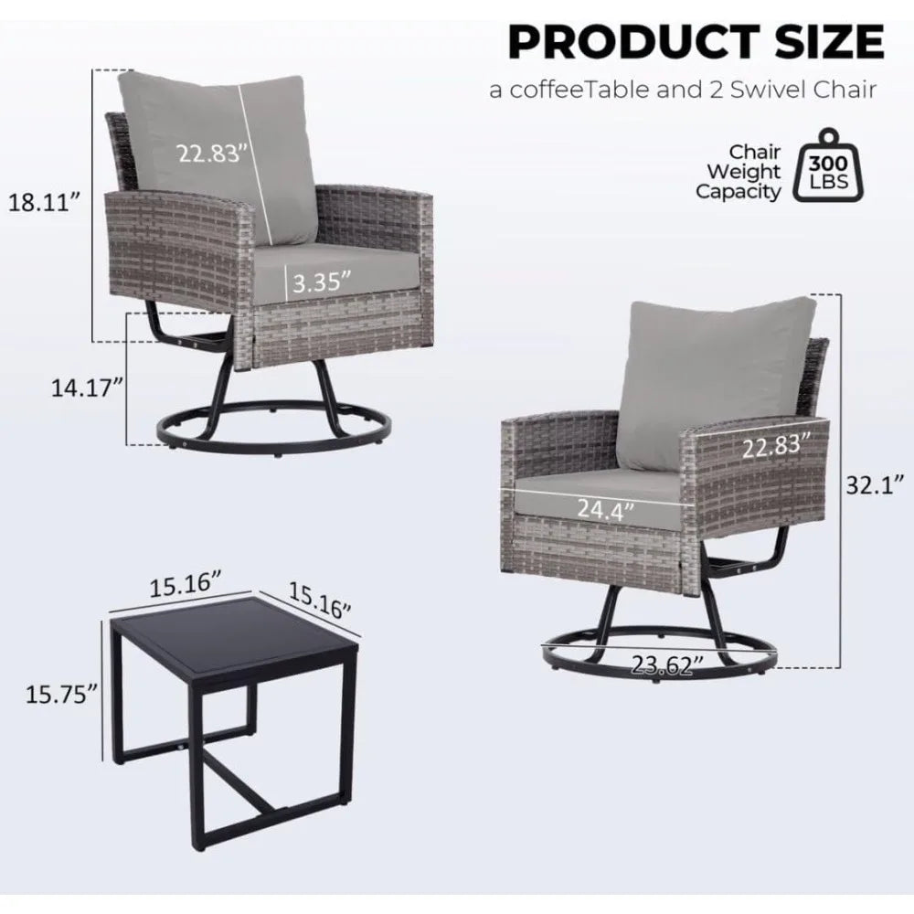 3 Pieces Swivel Patio Furniture Set,Outdoor Wicker Bistro Set with Glass Coffee Table and Thick Cushions for Garden, Balcony