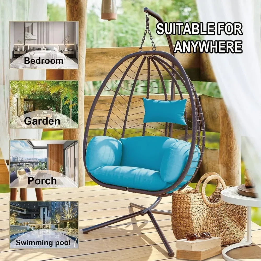 Outdoor Hanging Egg Chair with Stand,Indoor Swinging Chair Patio Wicker Hammock Egg Chair with Thicken Padded Cushions