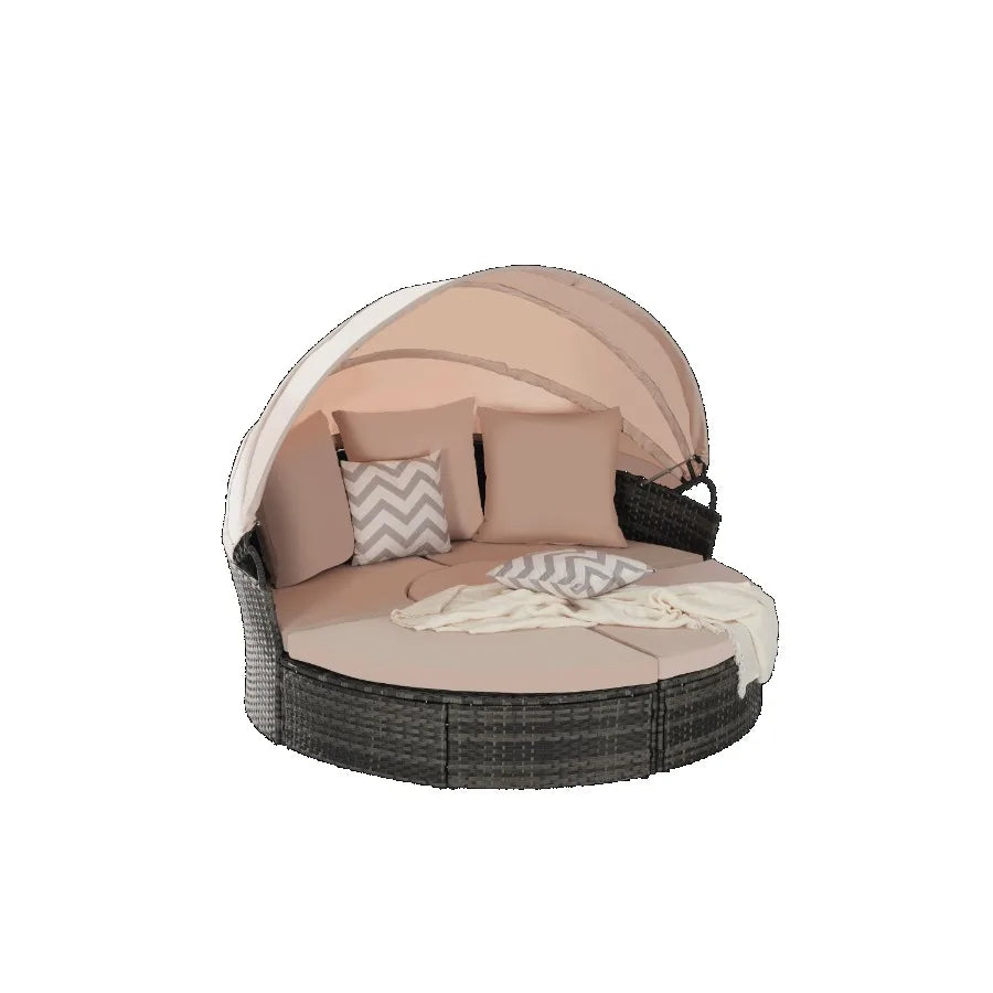 5 Pieces Outdoor Patio Round Daybed Furniture Wicker Conversation Set with Retractable Canopy Soft Cushions and Storable Table