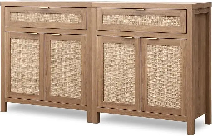 Sideboard Buffet Storage Cabinet Set of 2, Rattan Credenza Buffet Table, Bohemian Organizer w/ Glass Doors & Adjustable Shelves