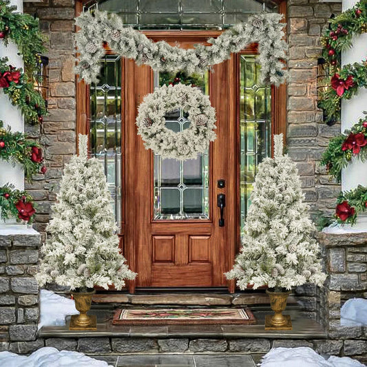 Pre-lit Xmas Tree Artificial Christmas 4-Piece Set: Garland, Wreath,  2 Entrance Trees with LED Lights. Compact X-mas Decor Set.