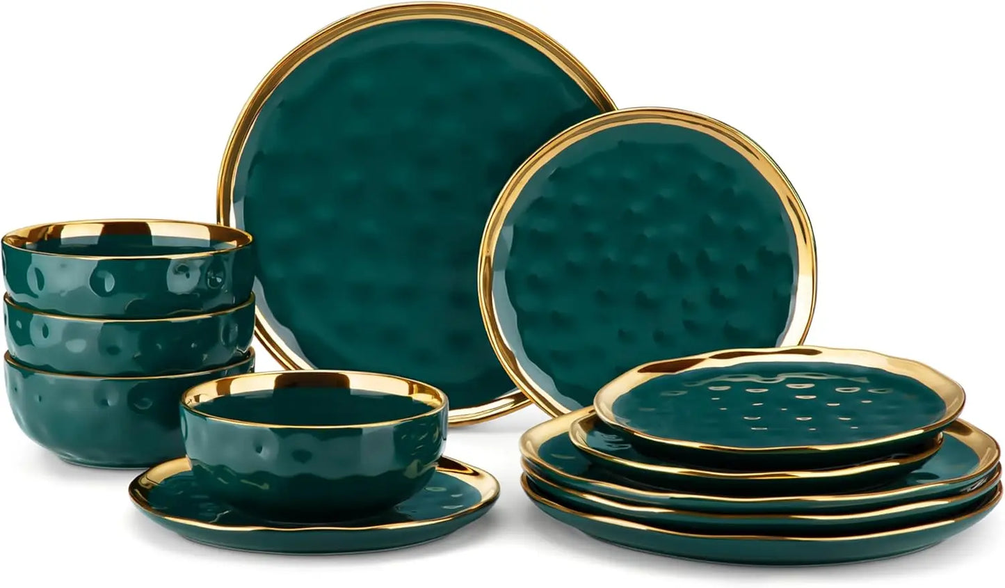 12 Pieces Plates and Bowls Sets, Porcelain Green and Gold Dinnerware Sets, Round Dinner Plates Dishes Set Service for 4, Dishwas