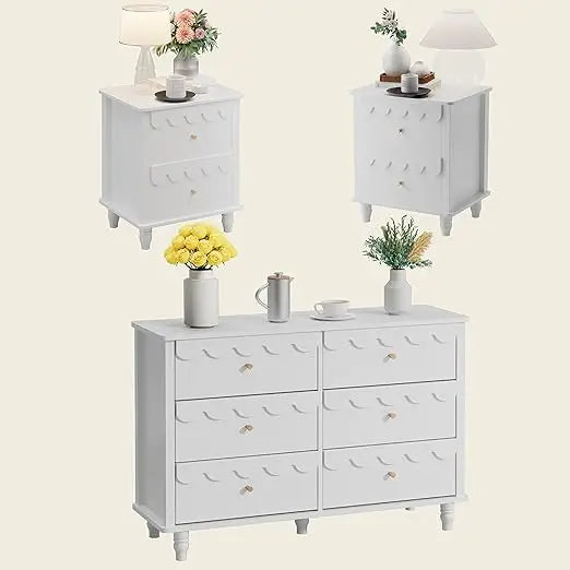 Scalloped 6 Drawer Dresser And Two Nightstands White Set