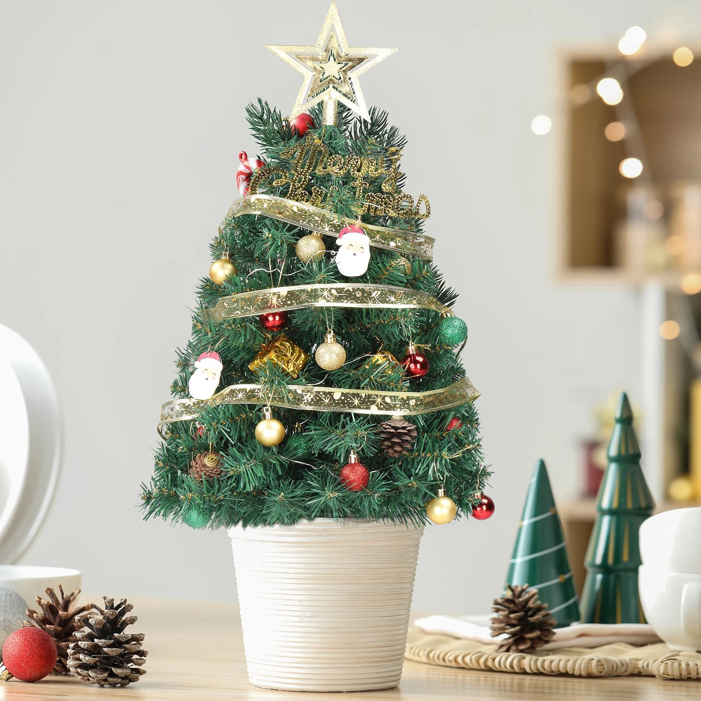20 in Pre-lit Artificial Mini Christmas Tree, Tabletop Small Xmas Pine Tree with Ornaments and 30 Warm Lights Battery Operated