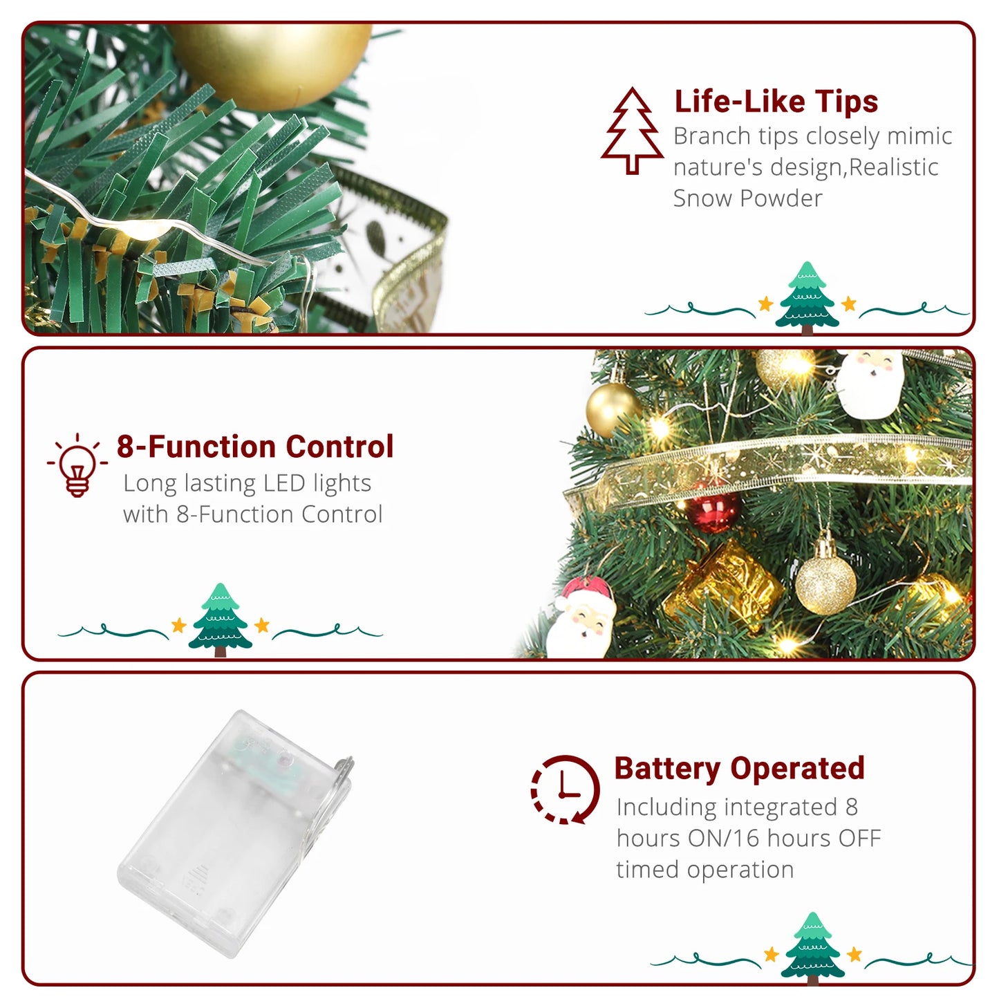 20 in Pre-lit Artificial Mini Christmas Tree, Tabletop Small Xmas Pine Tree with Ornaments and 30 Warm Lights Battery Operated