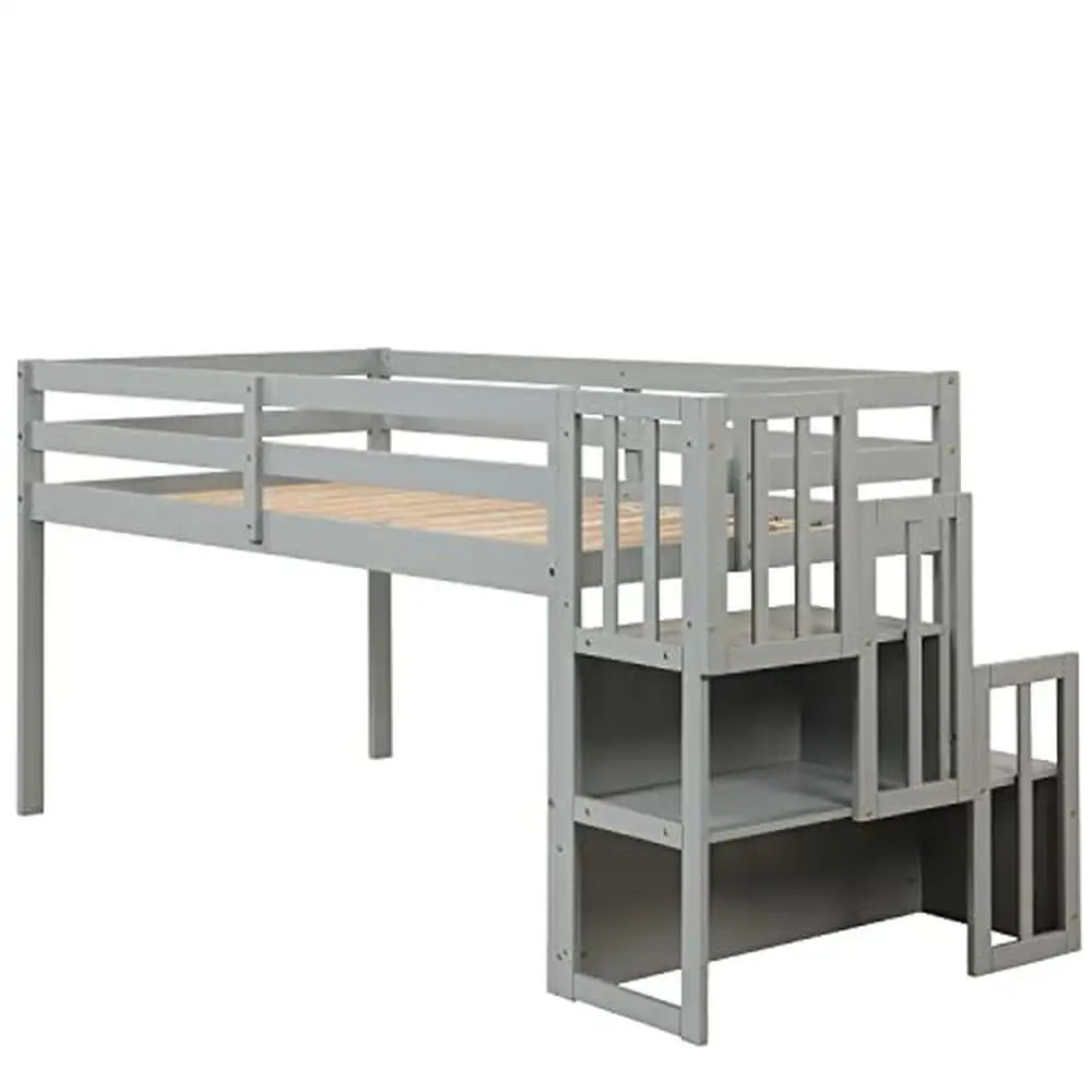 Twin Loft Bed with Storage Steps Sturdy Staircase Grey Spacious Underbed Space Easy Assembly Modern Design 250lb Capacity
