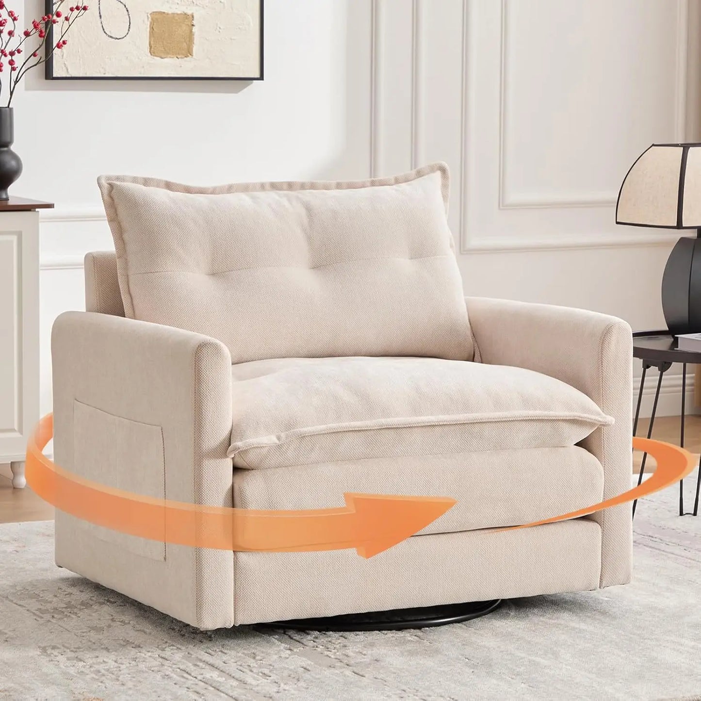 Oversized Swivel Chair, 36" Swivel Armchair Accent Chair for Living Room, Mid Century Modern Thick Padded Arm Chairs