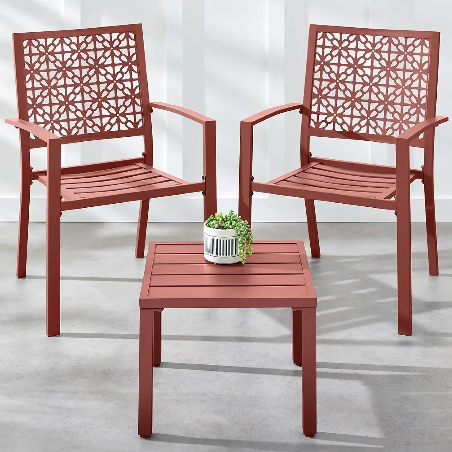 3-Piece Outdoor Bistro Set, Stackable Modern Steel Furniture for Porch, Garden w/ 2 Chairs, Table, Geometric Decor