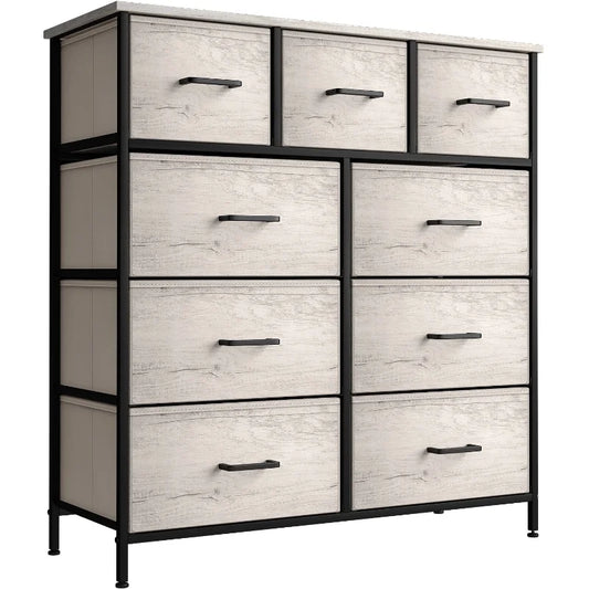 9 Drawer Fabric Dresser for Bedroom - Tall Storage Chest of Drawers for Clothes, Portable Stand up Wardrobe with Faux Woo