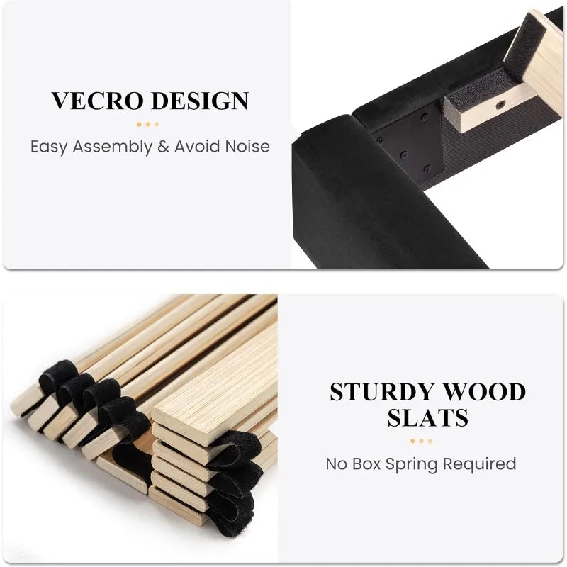 SHA CERLIN Queen Bed Frame/Velvet Upholstered Platform Bed Frame Headboard Strong Wood Slats Support/Mattress Foundation Black