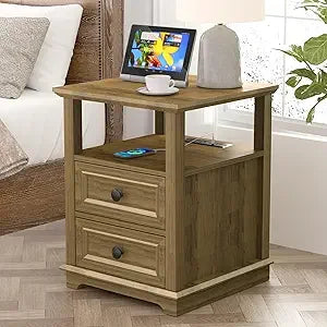 24" Nightstand with Charging Station, End Table with 18W Fast Charge, Side Table with Drawers,Rustic Wood Storage Cabinet with O