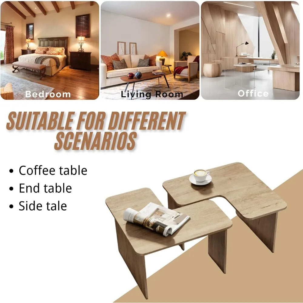 Nesting Coffee Table Set of 2, Natural Wooden L-Shape Square Coffee Table, Small Center Table End Table Sets with Rustic