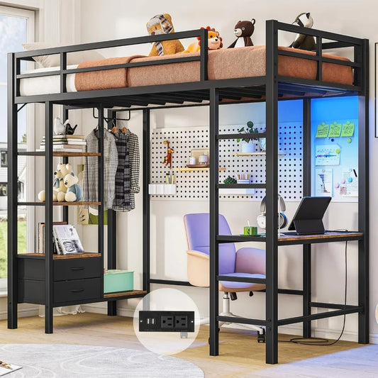 Loft Bed Twin Size with Desk and Charging Station Metal Twin Loft Bed with LED Lights, 4 Storage Shelves & 2 Fabric Drawers, Tw