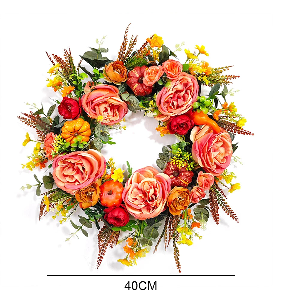 Peony Pumpkin Wreath Decorative Artificial Autumn Garland Festival Theme Front Door Wreath Farmhouse Party Decoration