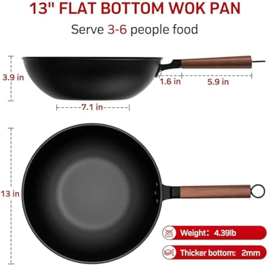 13-Inch Carbon Steel Wok with Glass Lid and Spatula for Induction, Electric, Gas Stoves
