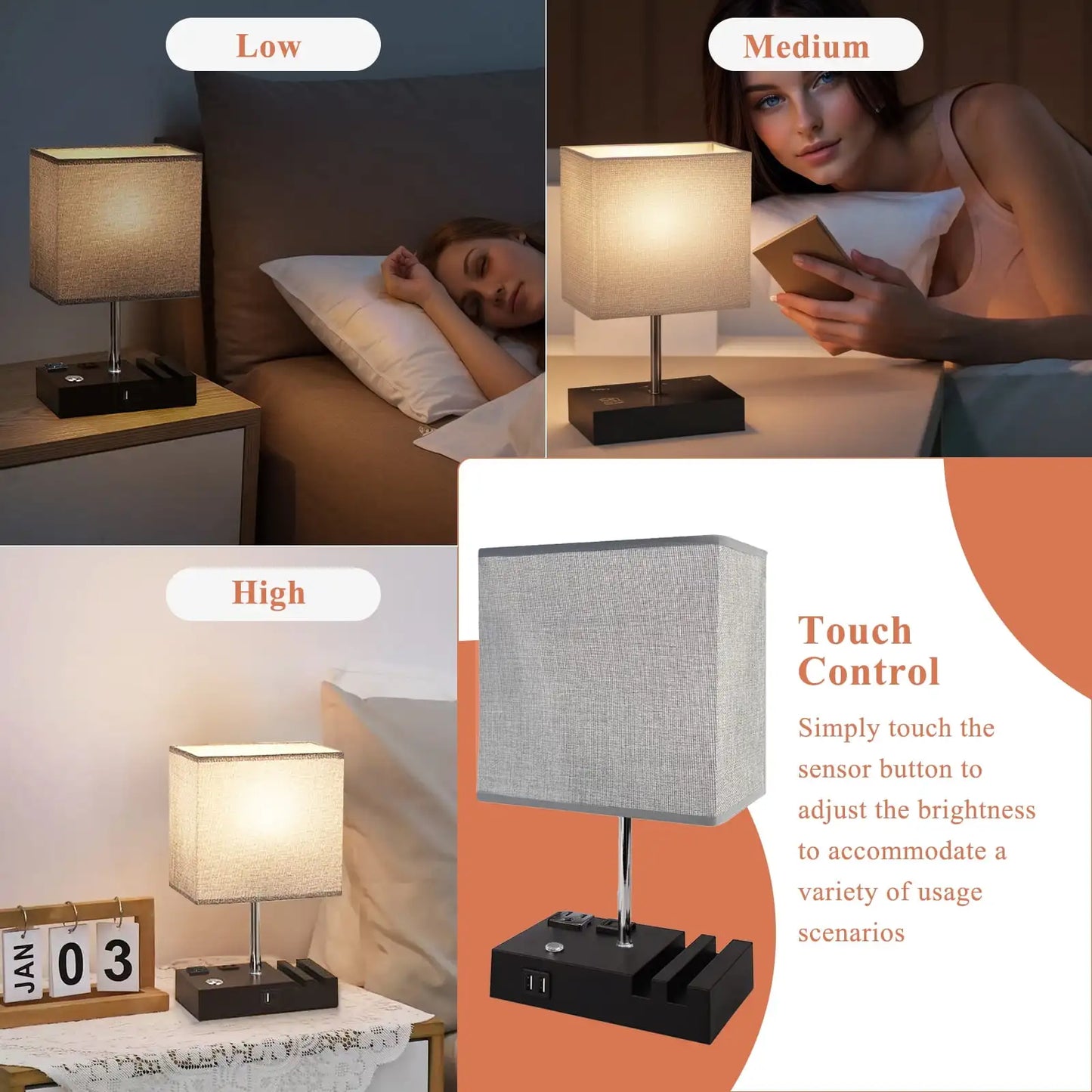 SZRSTH 15.7" Bedside Table Lamp for Bedroom, Dual Fast USB Charging Ports, Fully Dimmable Nightstand Lamps
