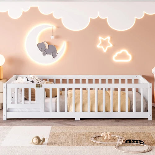 Full Size Bed Floor Bed with Safety Guardrails and Door for Kids, Gray/White/Natural ﻿