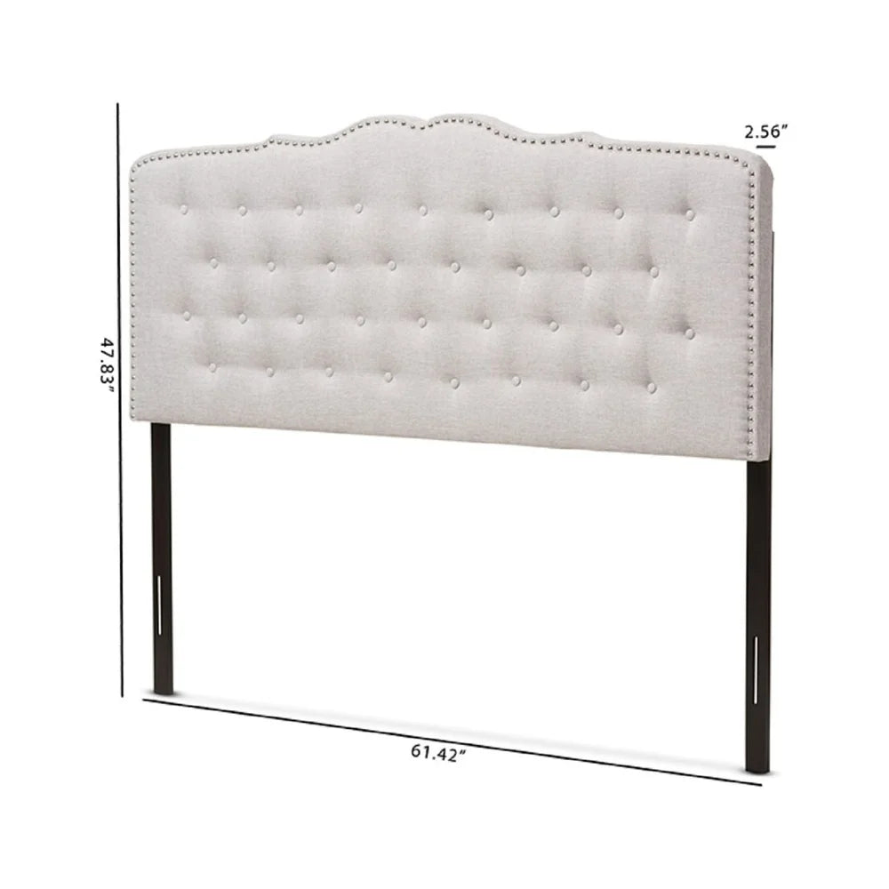 Modern Tufted Fabric Headboard Queen Size Curved Design Upholstered Greyish Beige with Nailhead Trim Adjustable Height Assembly