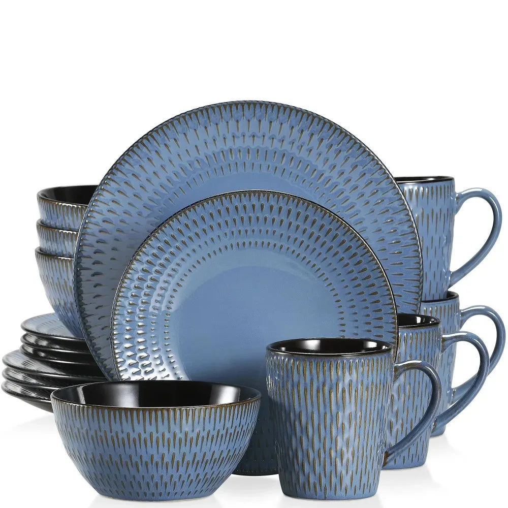 VANCASSO PLUVO 16PCS Blue Embossed Stoneware Tableware Set Home Hotel Tableware with 4 Piece Dinner/Dessert Plate/Soup Bowl/Mug