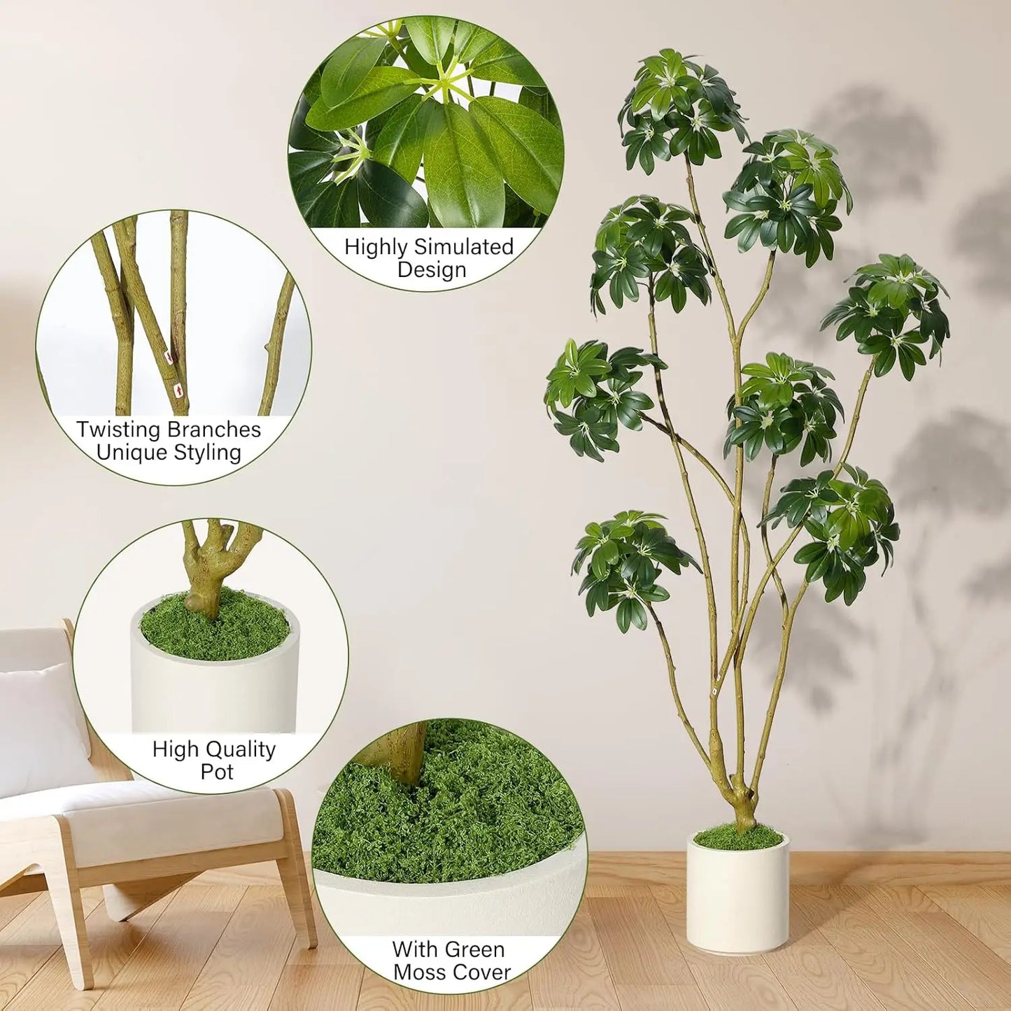 5/6/7ft Tall Fake Umbrella Schefflera Tree in White Pot ,Artificial Umbrella Tree Fake Plants for Home Garden Office Decor
