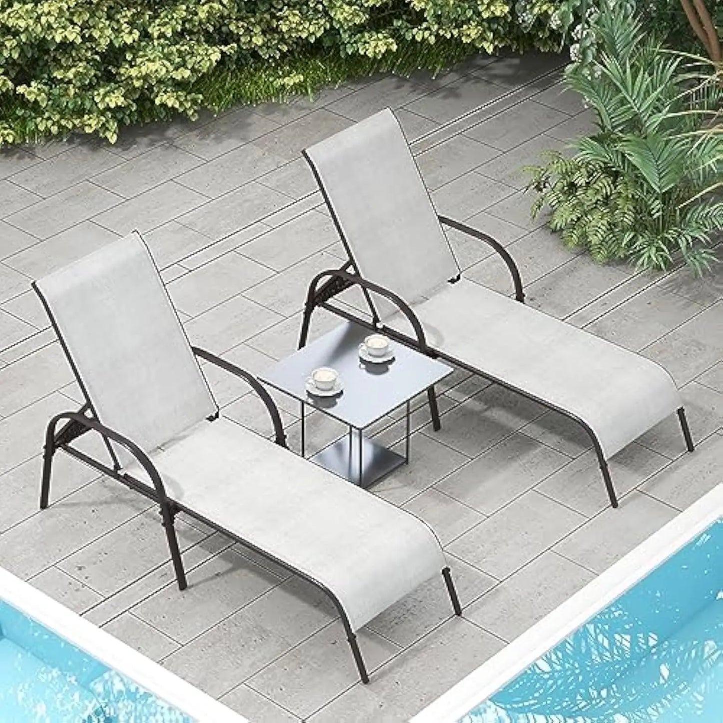 Set of 2 Patio Lounge Chair Outdoor Chaise Lounge with 5 Adjustable Backrest  Sturdy Steel Frame Sunbathing Recliner Beach Chair