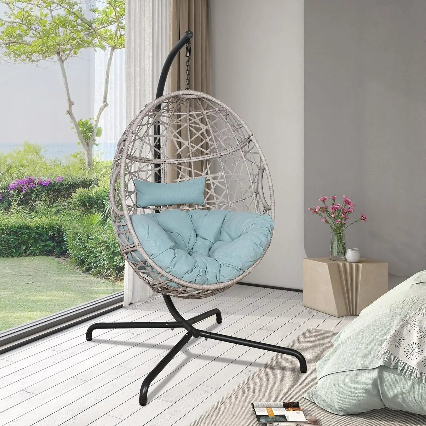 Patio Wicker Egg Hanging Chair, Outdoor Rattan Hammock Swing Chair with Stand and Cushion for Bedroom Balcony Garden