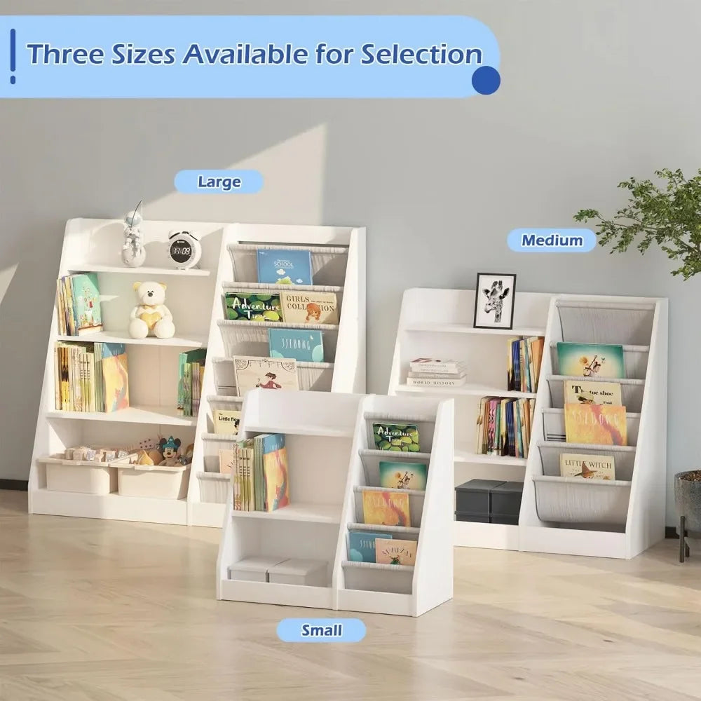 White Kids Bookshelf Wood Toy Storage Organizer Cabinet Children Bookcase Toddler Baby Sling Book Rack Adjustable Shelf