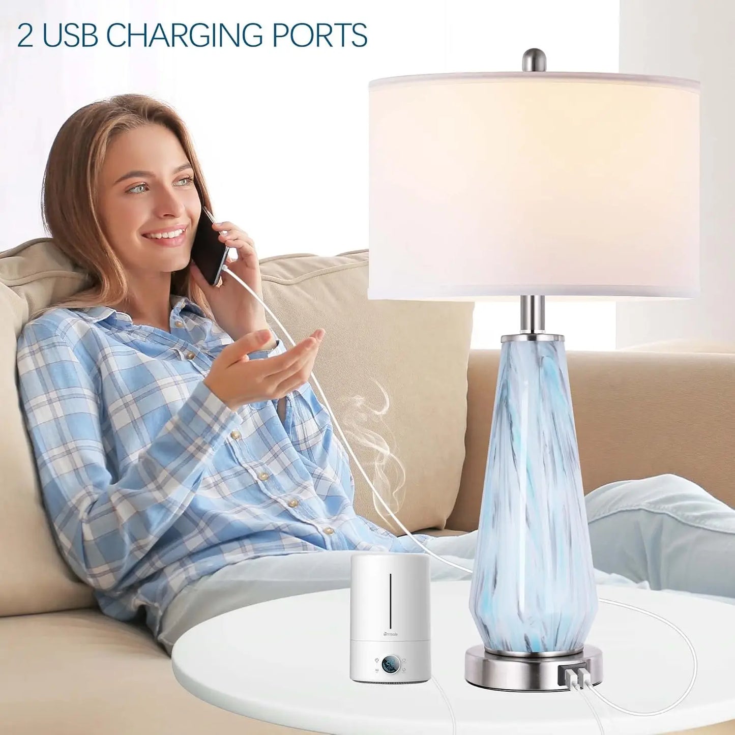 odern Table Lamp Set of 2 Touch Control, 27" Tall Faded Swirl Blue Gray Art Glass Bedside Lamp with USB Ports, 3-Way Dimmable