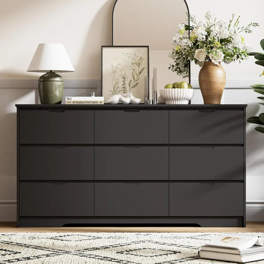 Tradre 59'' Black Dresser for Bedroom, 9 Drawer Wood Dresser with Handle Free, Large Modern Chest of Drawers for Home Office, Li
