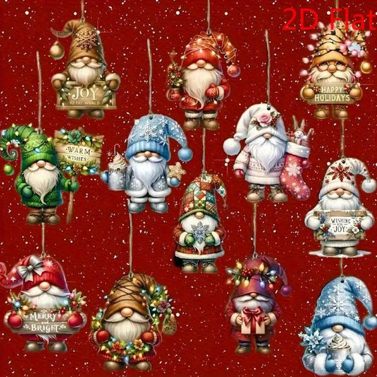 12pcs Handmade Wooden Gnome Ornaments - 2D Flat Christmas Tree Decorations