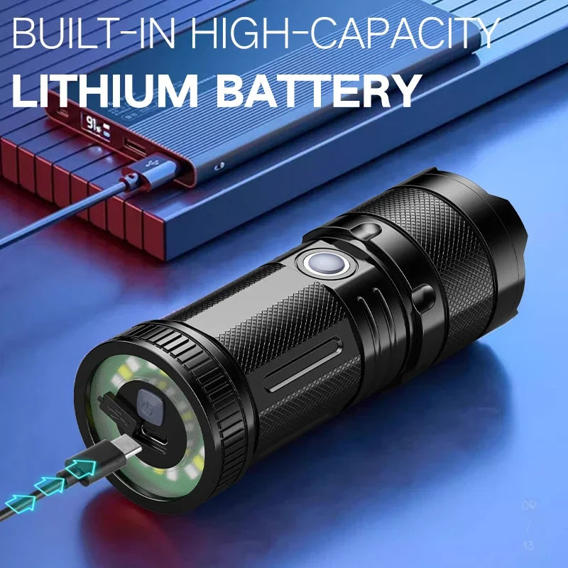 White Laser Ultra Bright LED Flashlight, 9 Light Sources Suitable for Outdoor Camping Emergency Use, ABS Waterproof and Durable