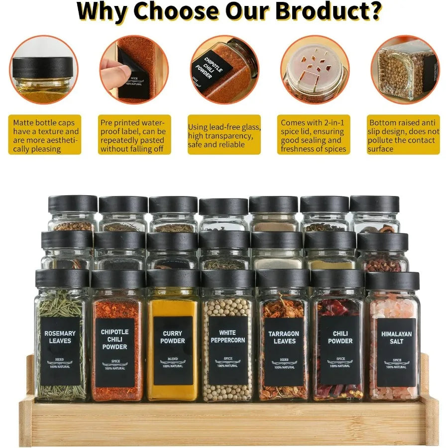 24Pcs Spice Jars Containers with Labels，4oz Black Seasoning Bottles with Shaker Lids for Rack, Cabinet, Drawer,Empty Square Cond