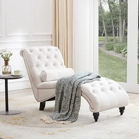 Button-Tufted Chaise Lounge with Support Pillow, Upholstered Chaise Lounge Chair,Armless Rolled Backrest Leisure Sofa Recliner