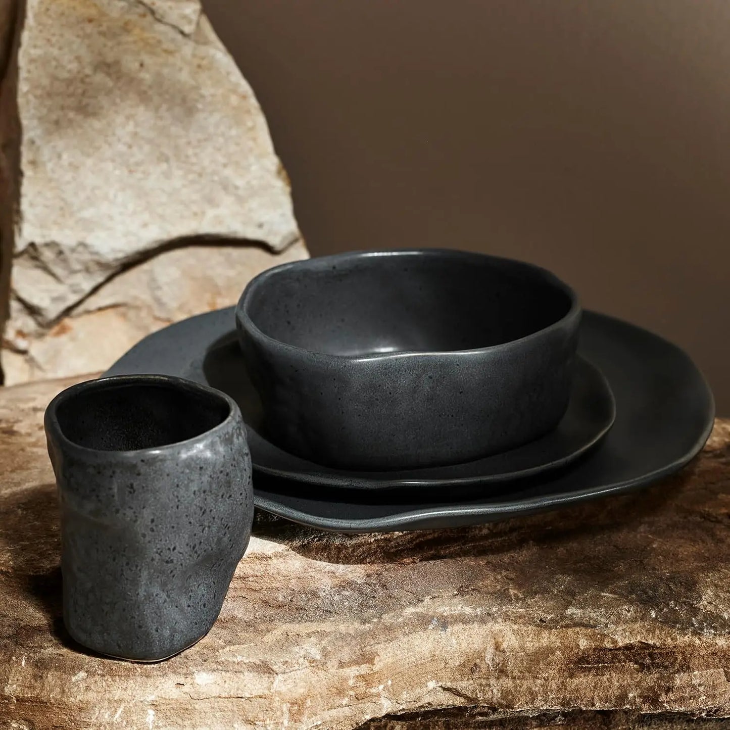 Atik Modern Stoneware 16-Piece Dinnerware Set, Plate and Bowl Set, Dish set for 4, Charcoal Black Speckled