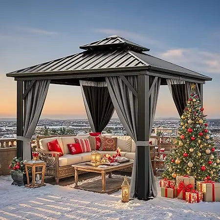 10x10ft Hardtop Gazebo with Nettings and Curtains, Heavy Duty Double Roof Galvanized Steel Outdoor Combined of Vertical Stripes