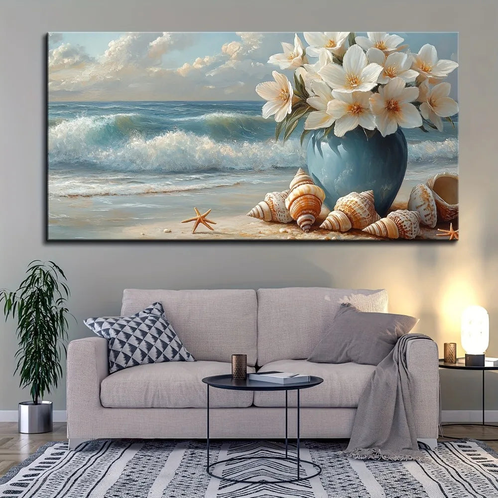 Beach Canvas Floral Marine Flower Wall Art In Pine Frame
