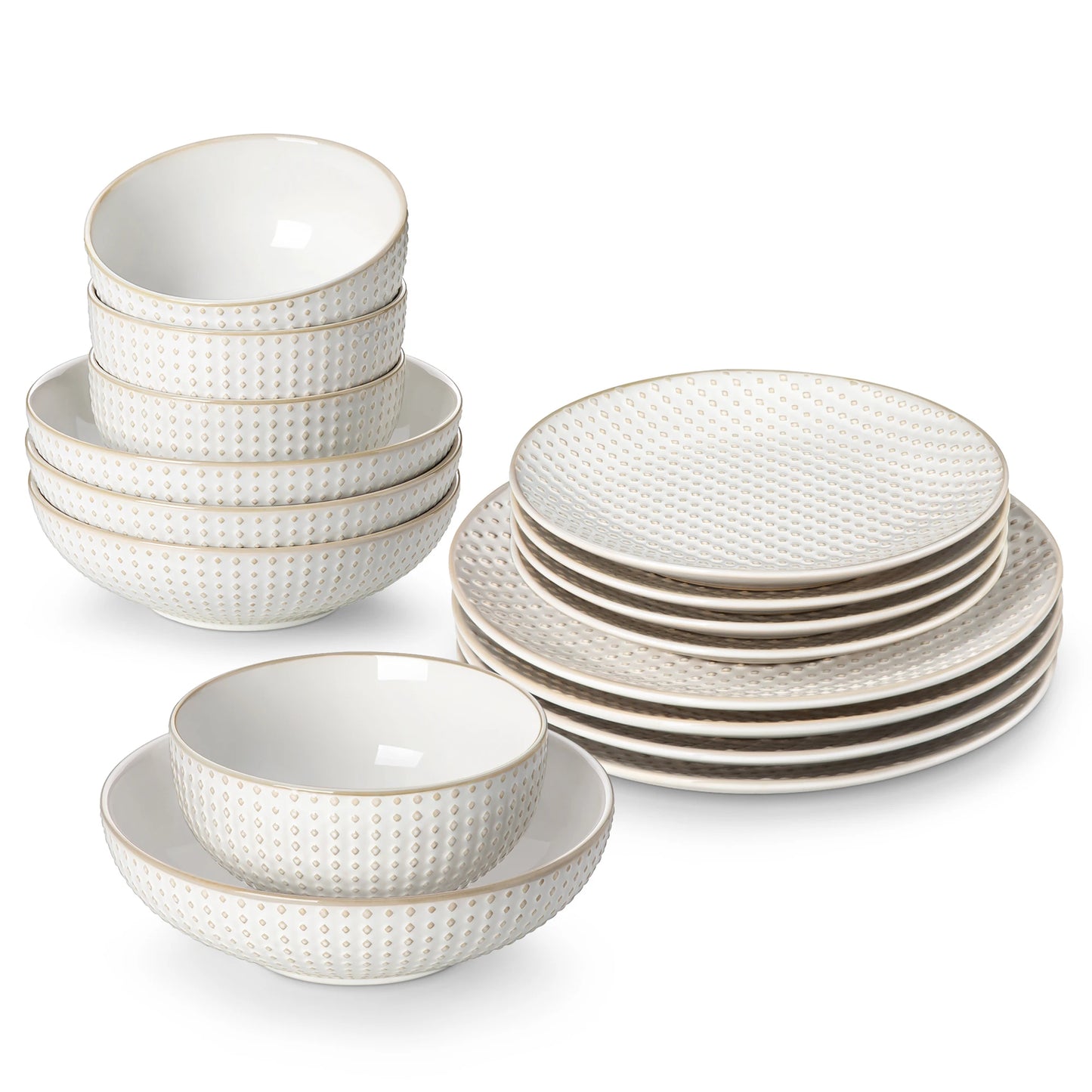 MALACASA LYDIA 16/32 Piece Stoneware Plates Dinner Set White Embossment Dinnerware Set with 6pcs Dinner plate/Dessert/Bowl/Soup