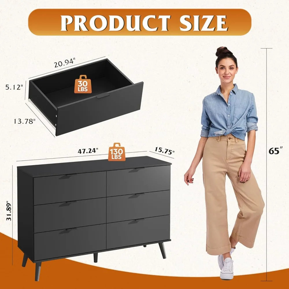 Black Dresser for Bedroom, 47.24'' Wide 6 Drawer Wood Dresser Storage Organizer with Sturdy Metal Handle, TV Stand for 55 inch