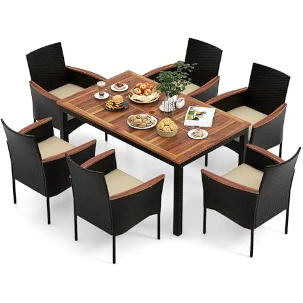 Outdoor Dining Set for 6, PE Rattan Wicker Patio Furniture Set with Wood Table & Cushioned Armchairs, 1.96'' Umbrella Hole, Pat