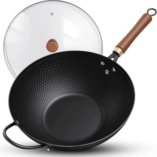 13-Inch Carbon Steel Wok Pan with Glass Cover, Nonstick for All Stoves Including Induction