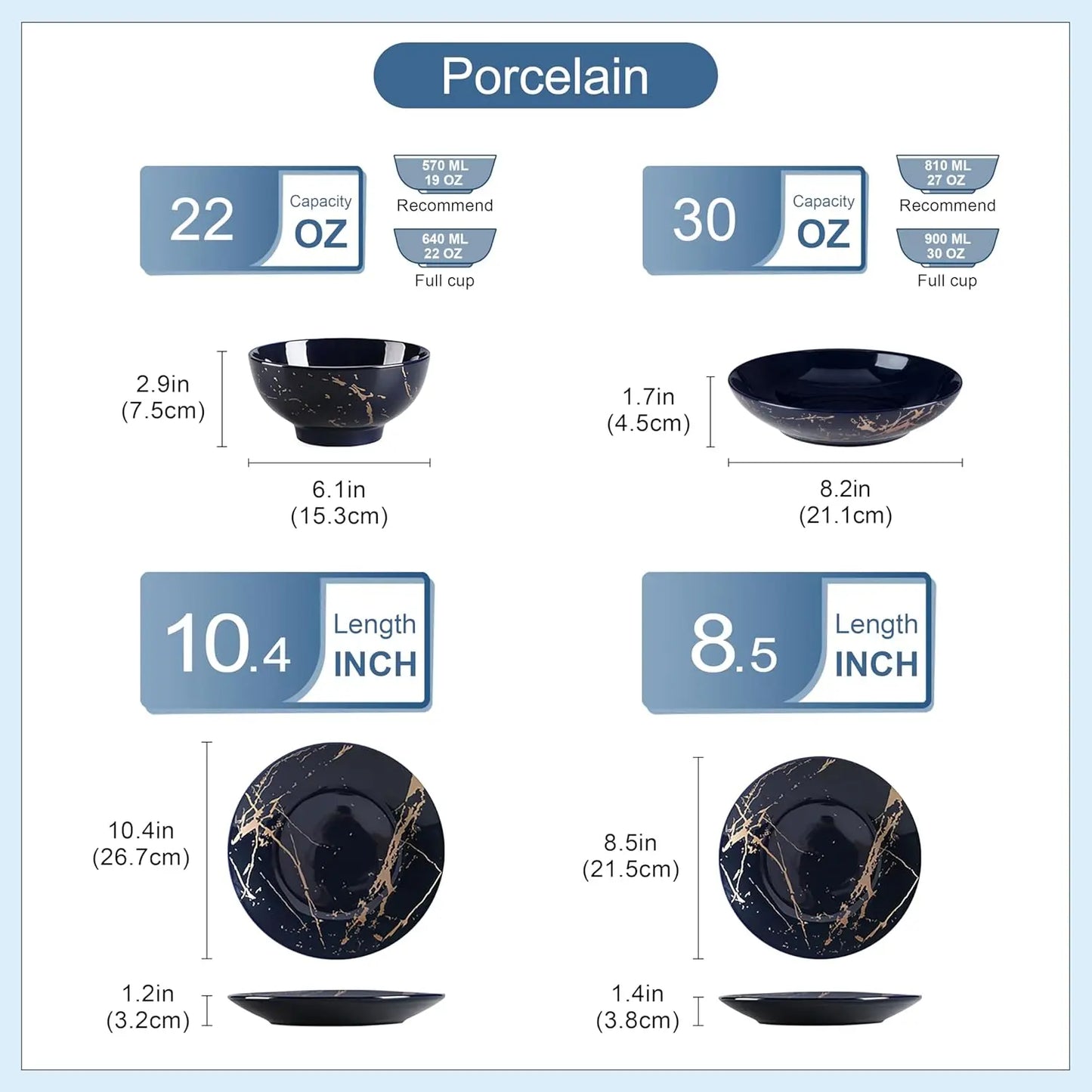 Plates and Bowls Sets for 6, 24 Pieces Porcelain Dinnerware Sets, Dark Blue and Gold Dish Set Gold Splash Dishware Sets, Dishwas