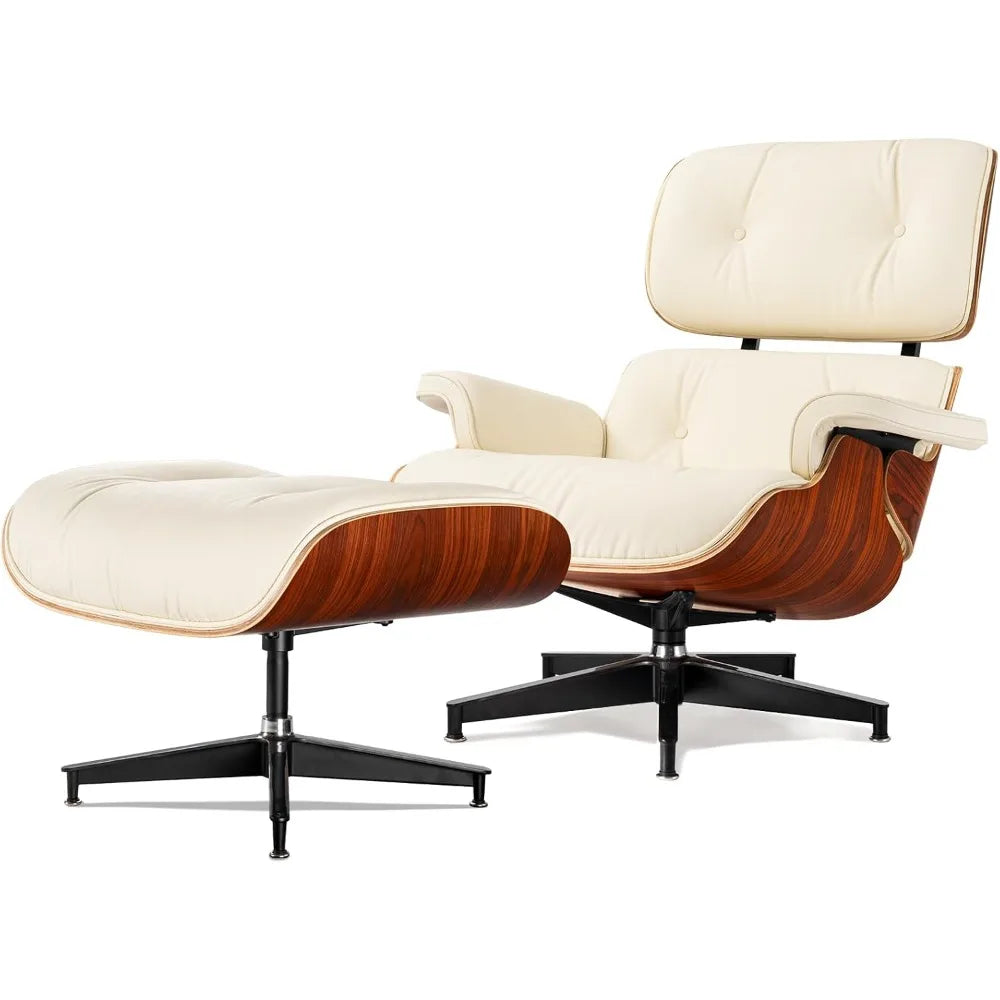 Chaise Lounge Chair with Ottoman Genuine Leather High-Resilience Foam Cushions Mid Century Modern Ergonomic Design