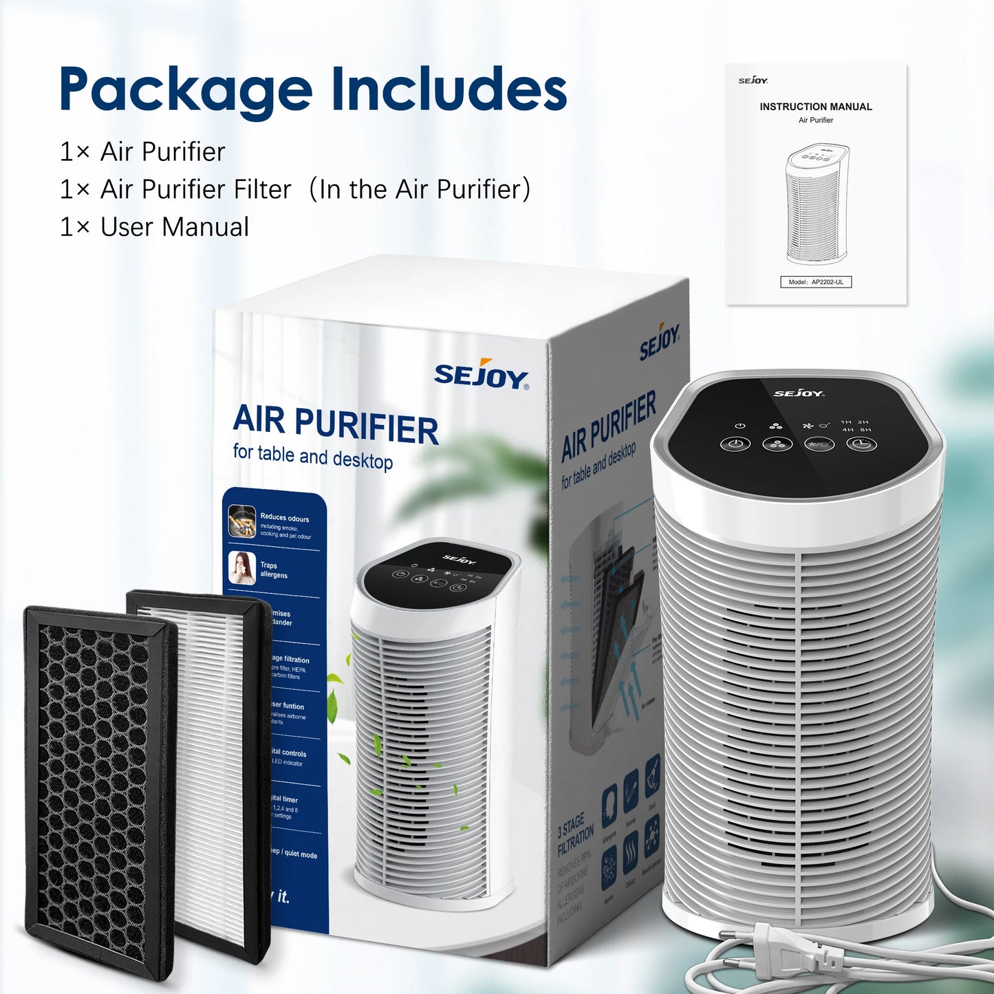 Sejoy Air Purifier with Ionizer Three Speed Quiet Operation