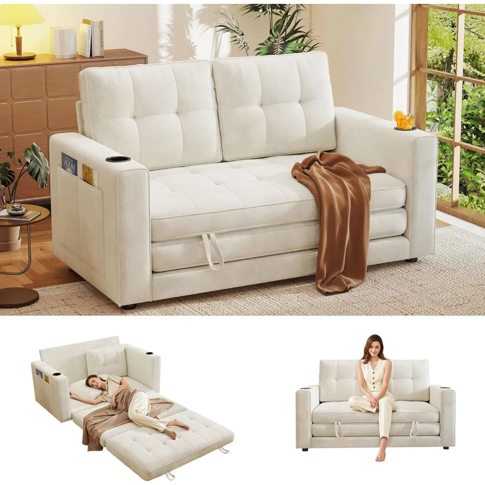 55" Convertible Folding Sofa Bed, Pull Out Couch Love Seat Sleeper Bed, Small Fold Out Loveseat Sleeper with Cup Holder