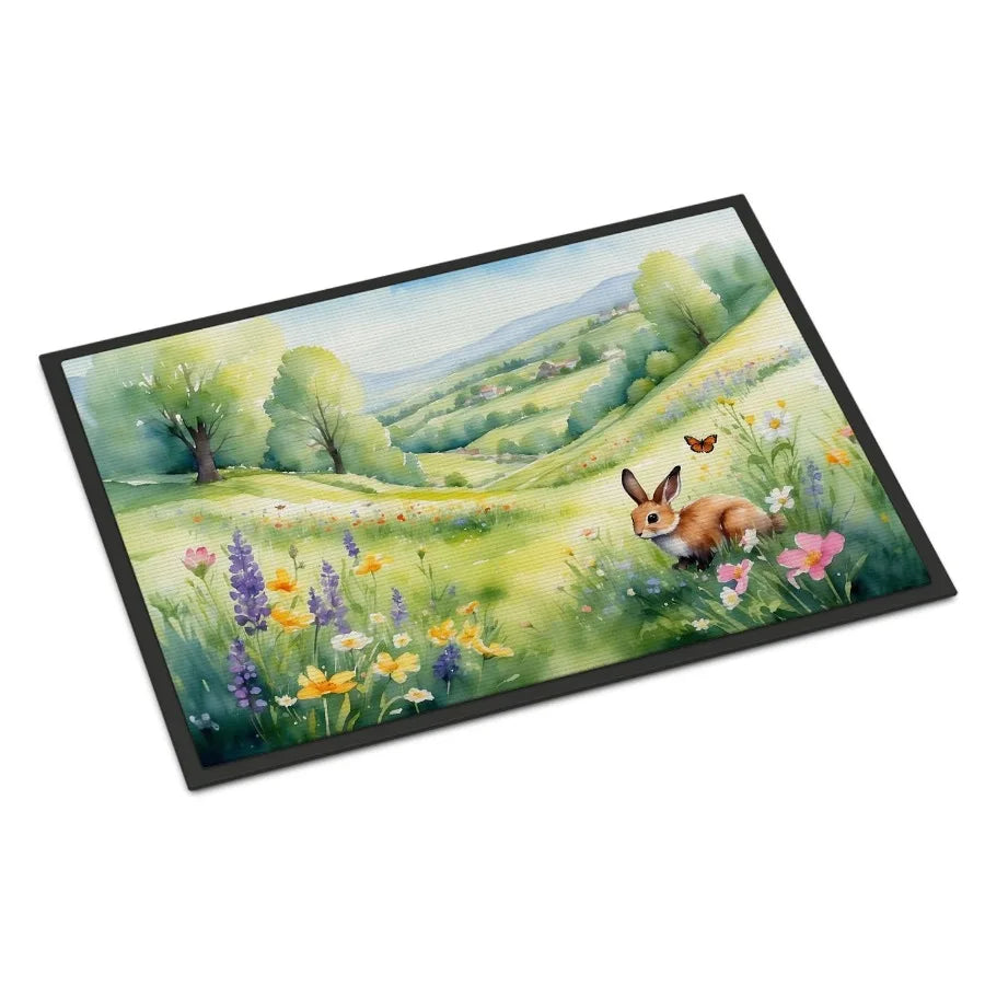 Rabbit Springtime Meadow Doormat Front Door Mat Indoor Outdoor Rugs for Entryway Non Slip Washable Low Pile 24H X 36W