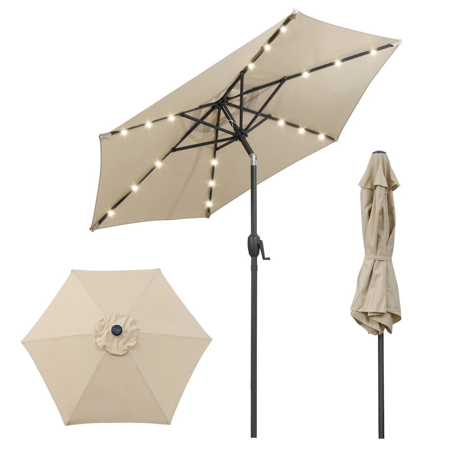 7. 5 ft Solar Powered Patio Umbrella w/ LED Lights Push Button Tilt Crank Handle