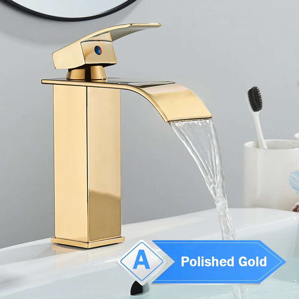 Rozin Hot Cold Water Basin Faucet Waterfall Bathroom Vanity Sink Faucets Single Lever Chrome/Black Brass Washing Mixer Taps