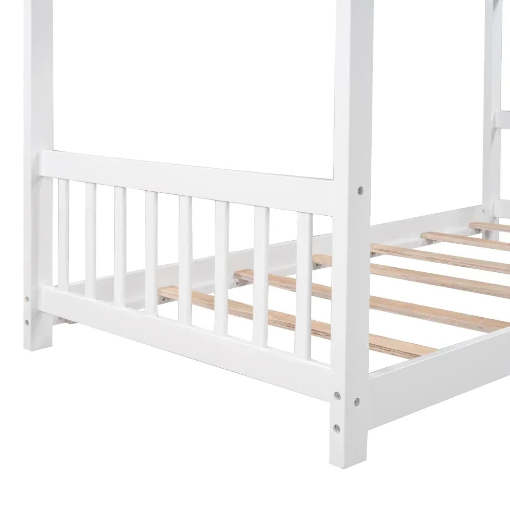 White house Children Beds，Low Profile House Bed, Wood House-Shaped Twin Platform Bed for Kids, No Box Spring Needed