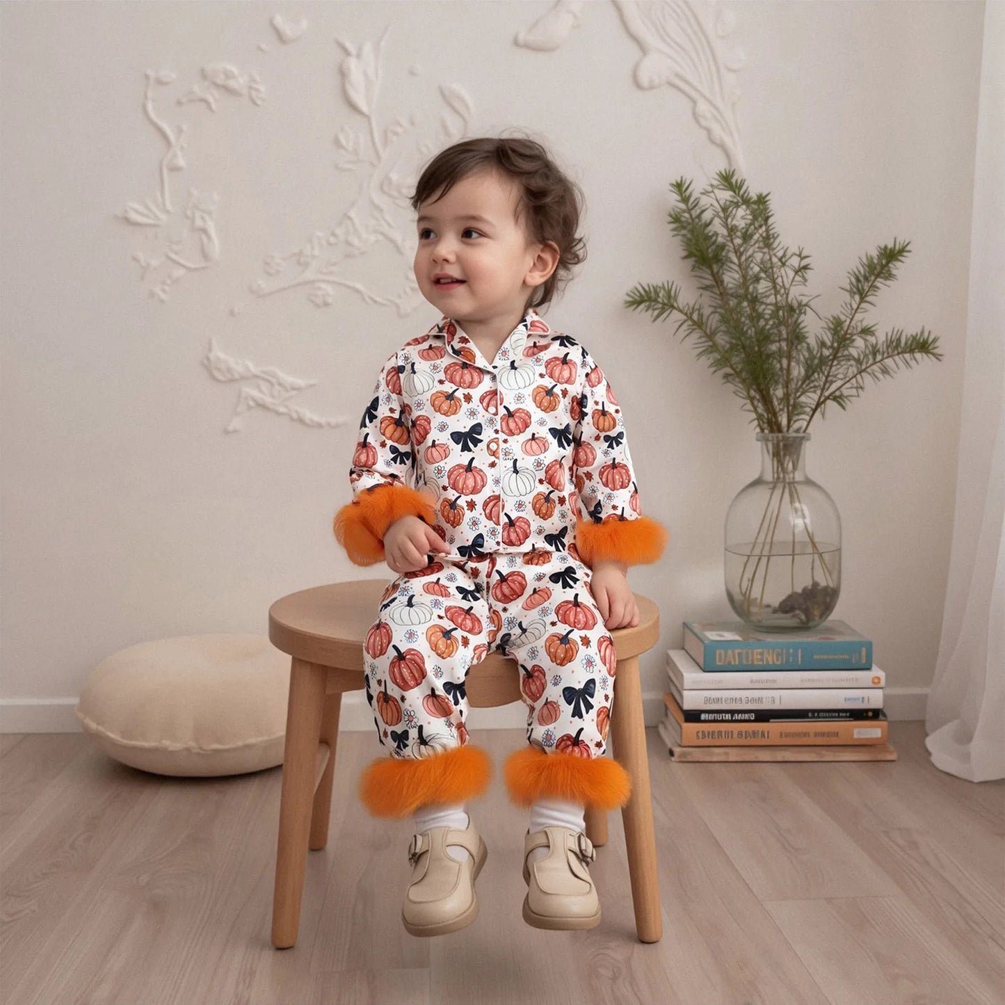 Women s Halloween Pajama Set with Fuzzy Cuffs and Ghost Print Cozy Button-Up Top and Elastic Waist Pants for Sleepwear and